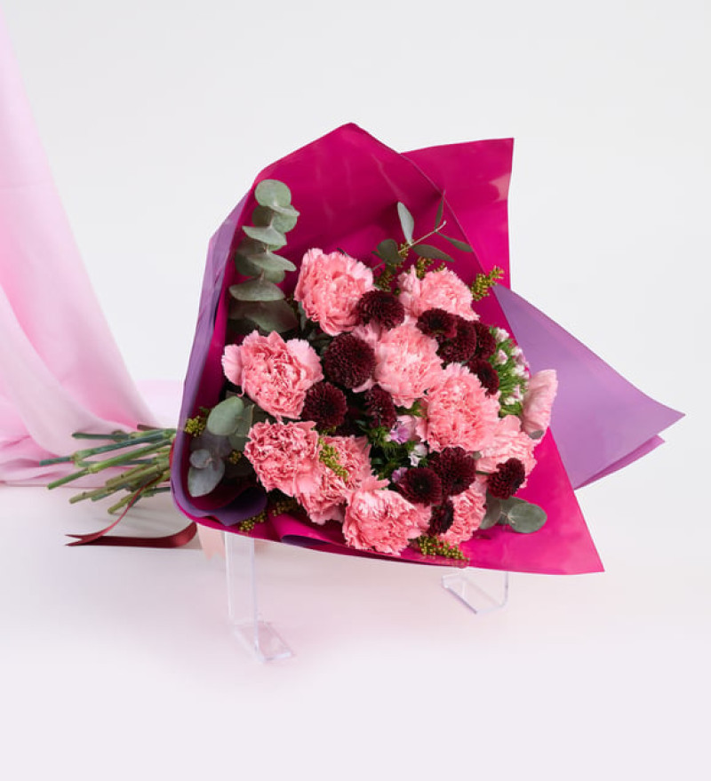 Lila Bukette Pembe Karanfiller ve Bordo Krizantem